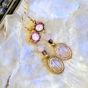 Victorian Swarovski  Pink Flower Crystal W/ Pink Opaline In Gold Plated Earrings